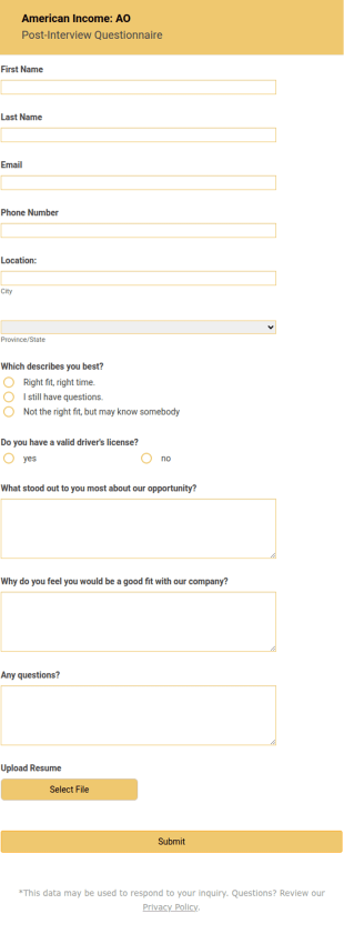 AO: British Columbia [Post Interview Questionnaire] Form Template