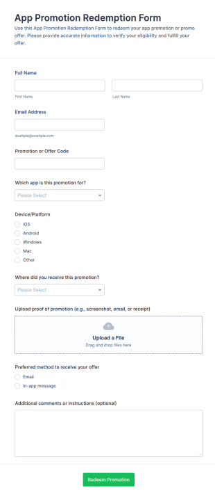 App Promotion Redemption Form Template