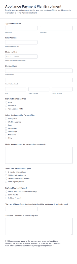 Appliance Payment Plan Enrollment Form Template