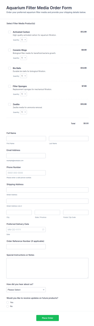 Aquarium Filter Media Order Form Template