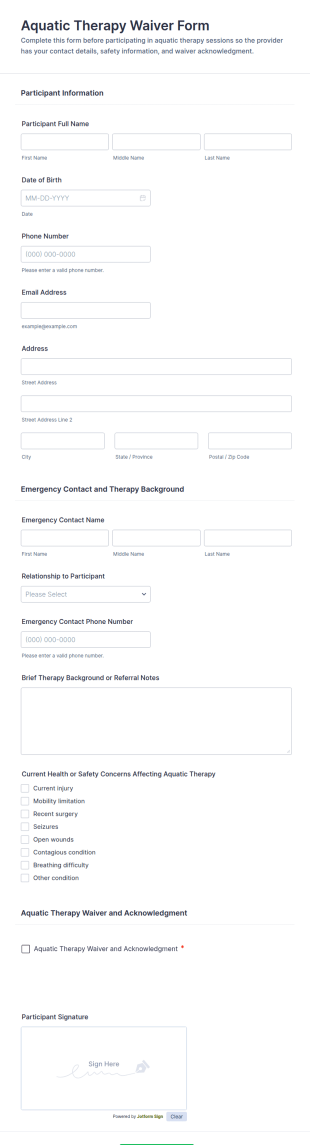 Aquatic Therapy Waiver Form Template