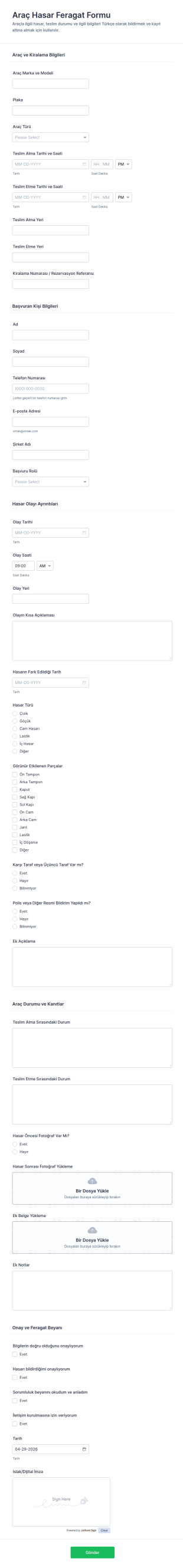 Araç Hasar Feragatname Form Şablonu