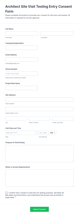 Architect Site Visit Testing Entry Consent Form Template