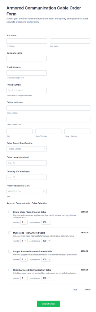 Armored Communication Cable Order Form Template