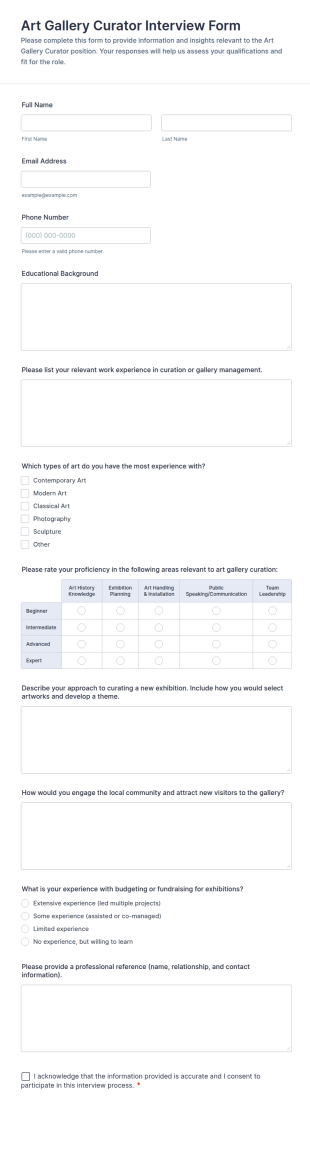 Art Gallery Curator Interview Form Template