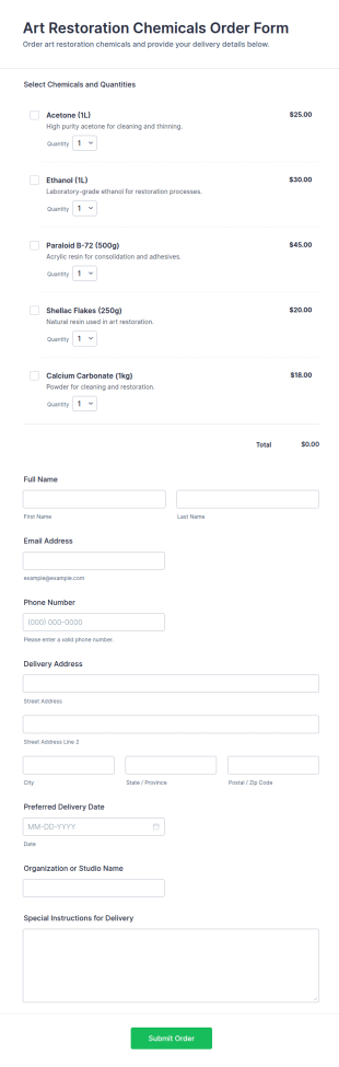Art Restoration Chemicals Order Form Template