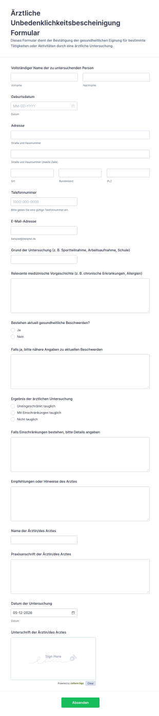 &Auml;rztliche Unbedenklichkeitsbescheinigung Formular