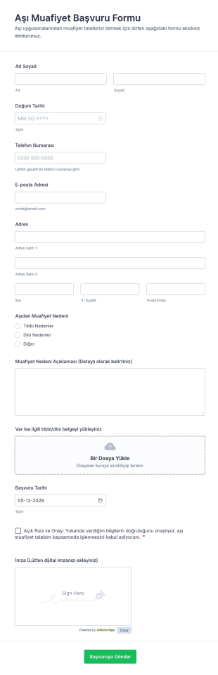 Aşı Muafiyet Başvuru Form Şablonu