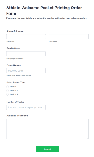Athlete Welcome Packet Printing Order Form Template