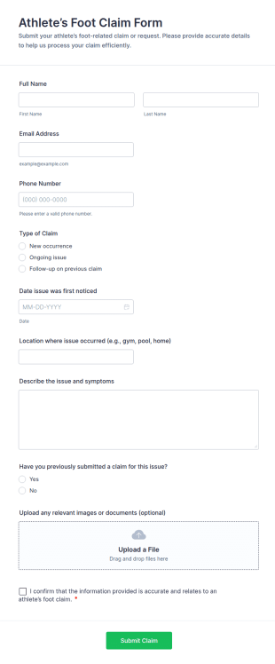 Athlete’s Foot Claim Form Template