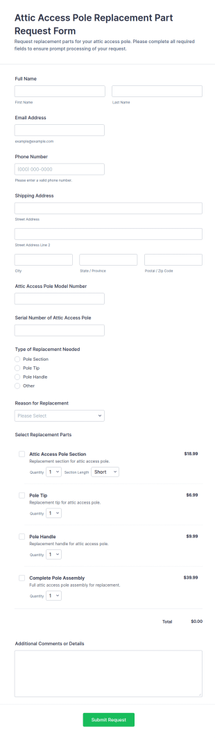 Attic Access Pole Replacement Part Request Form Template