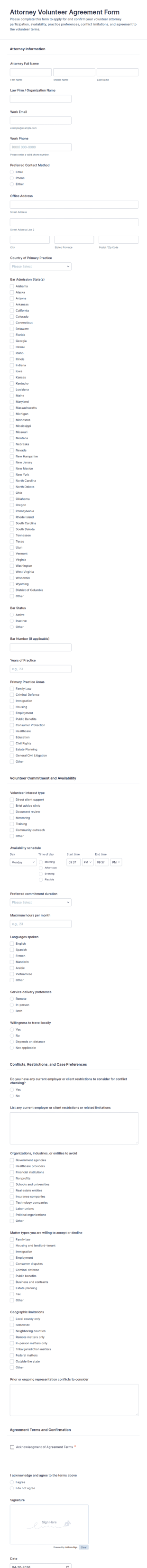 Attorney Volunteer Agreement Form Template