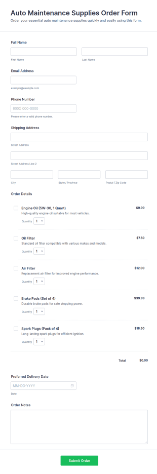 Auto Maintenance Supplies Order Form Template