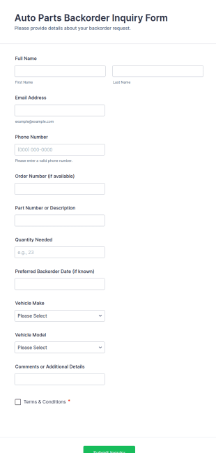 Auto Parts Backorder Inquiry Form Template