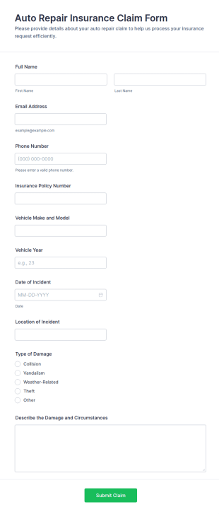 Auto Repair Insurance Claim Form Template