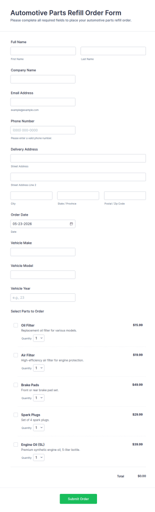 Automotive Parts Refill Order Form Template
