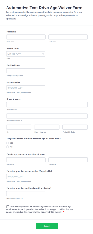 Automotive Test Drive Age Waiver Form Template