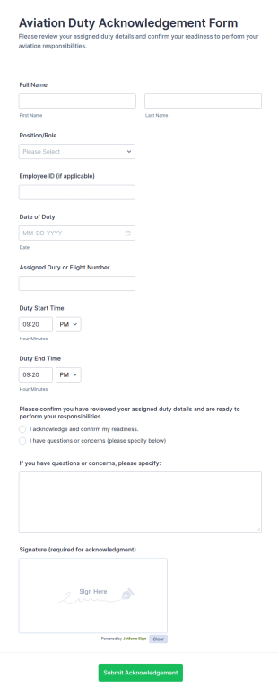 Aviation Duty Acknowledgement Form Template