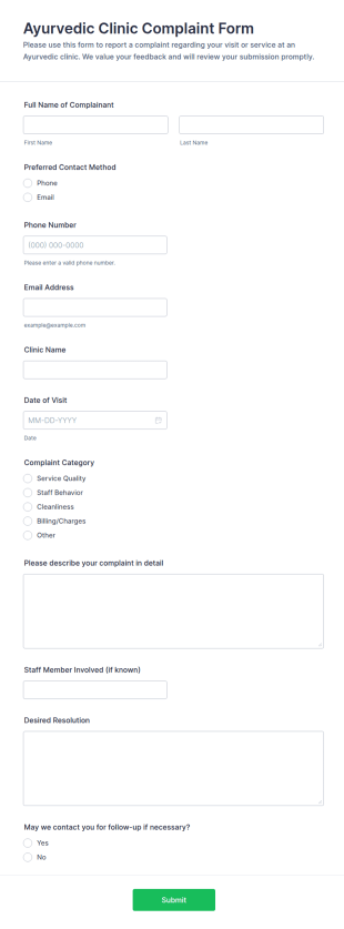 Ayurvedic Clinic Complaint Form Template