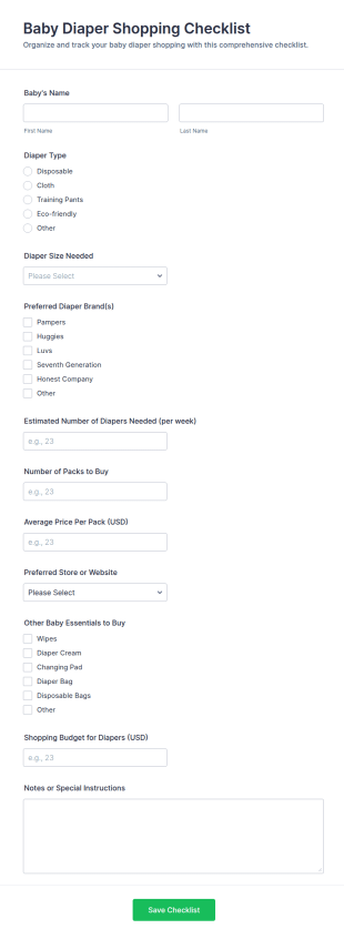 Baby Diaper Shopping Checklist Form Template