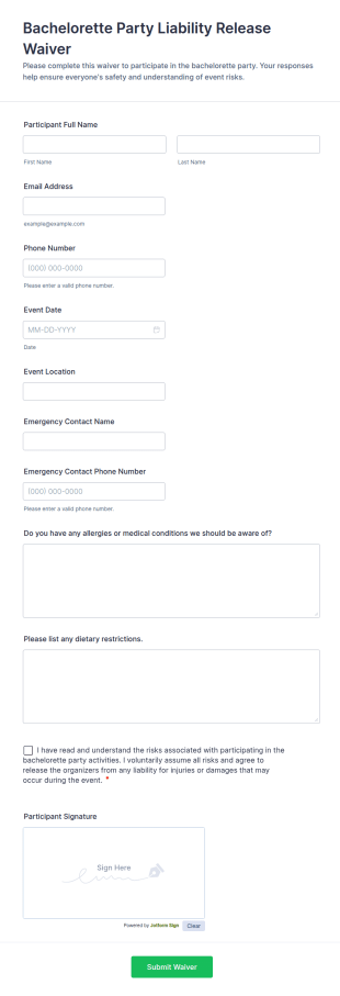 Bachelorette Party Liability Release Waiver Form Template