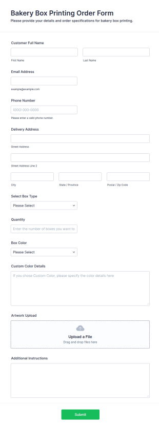 Bakery Box Printing Order Form Template