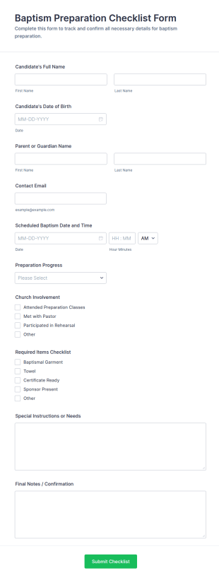 Baptism Preparation Checklist Form Template
