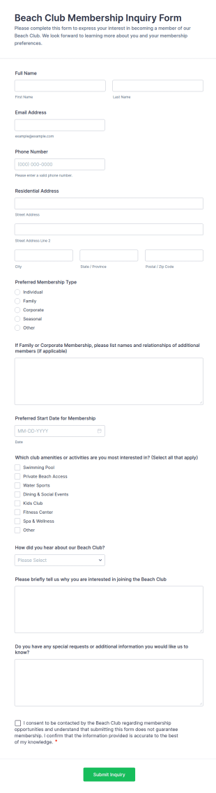 Beach Club Membership Inquiry Form Template