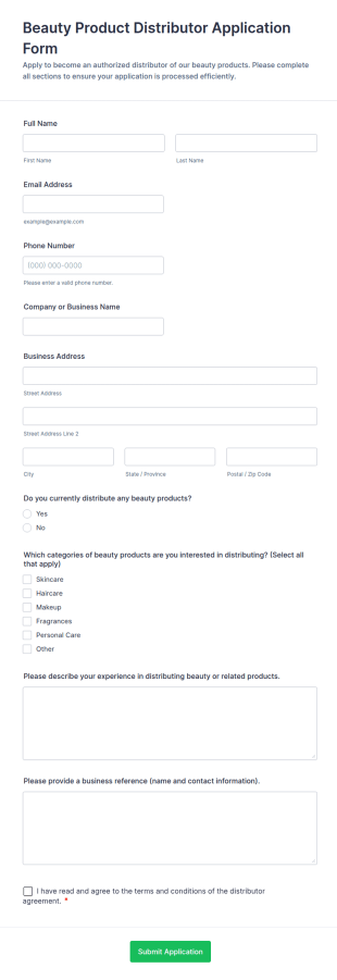 Beauty Product Distributor Application Form Template