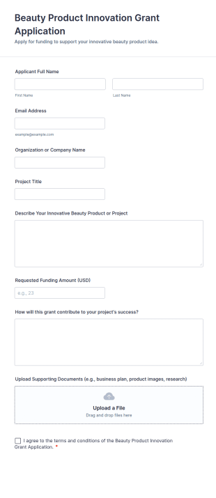 Beauty Product Innovation Grant Application Form Template
