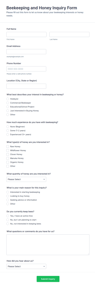 Beekeeping And Honey Inquiry Form Template
