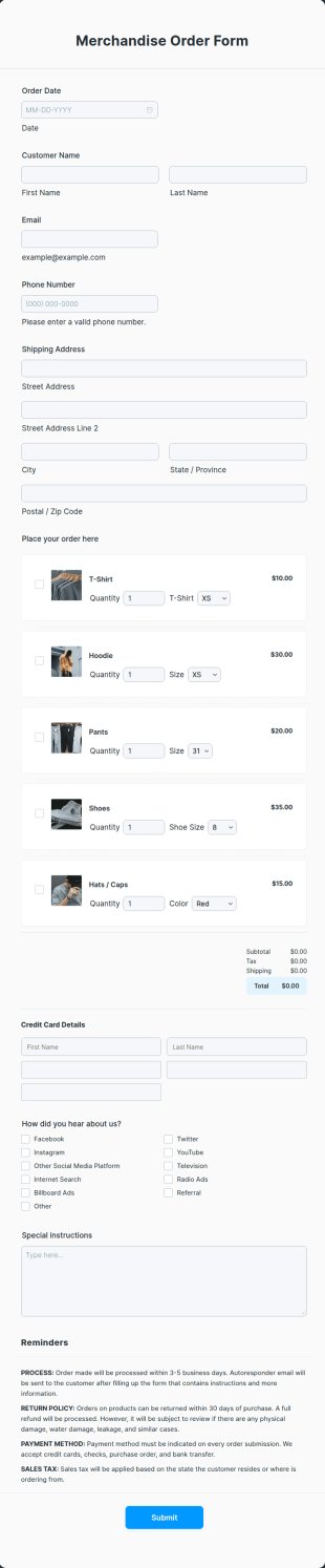 Bestelformulier Voor Merchandise