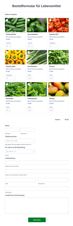 Bestellformular F&uuml;r Lebensmittel