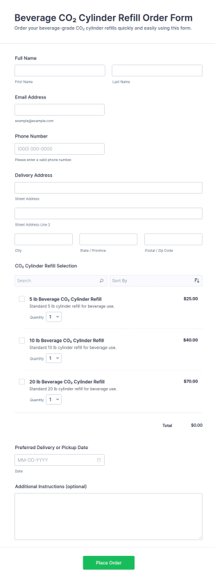 Beverage CO₂ Cylinder Refill Order Form Template