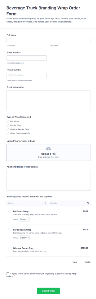 Beverage Truck Branding Wrap Order Form Template