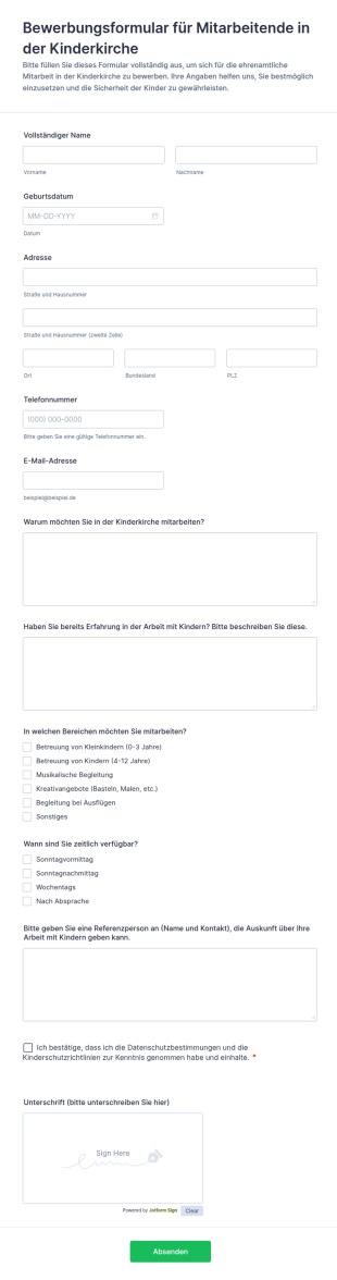 Bewerbungsformular Für Mitarbeitende In Der Kinderkirche