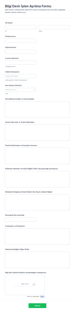 Bilgi Aktarımı Kapanış Formu 🎓 Form Şablonu
