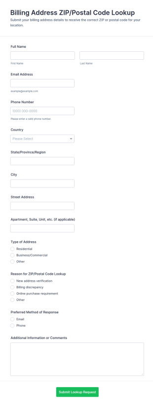Billing Address ZIP/Postal Code Lookup Form Template