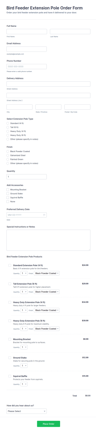 Bird Feeder Extension Pole Order Form Template
