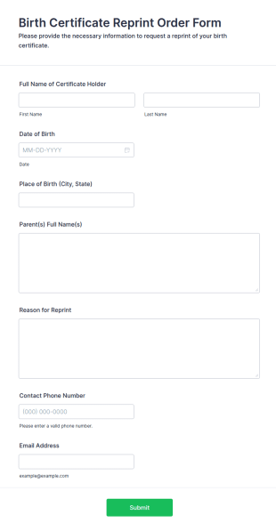 Birth Certificate Reprint Order Form Template