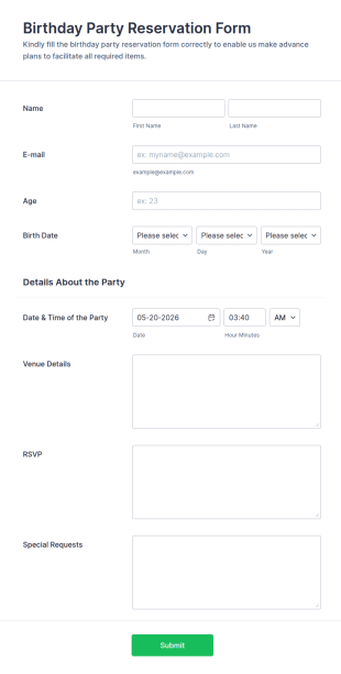 Birthday Party Form Template