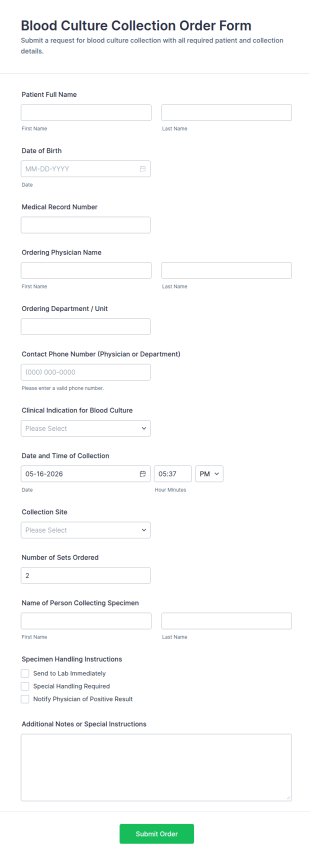 Blood Culture Collection Order Form Template
