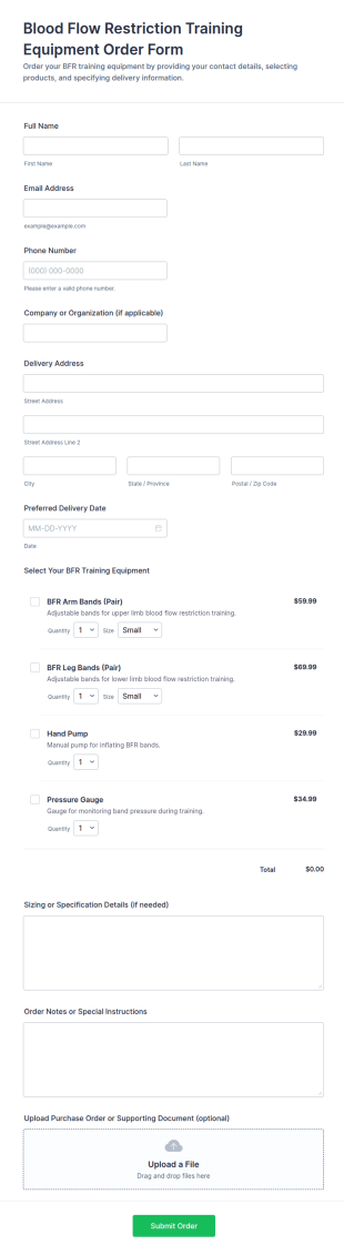 Blood Flow Restriction Training Equipment Order Form Template