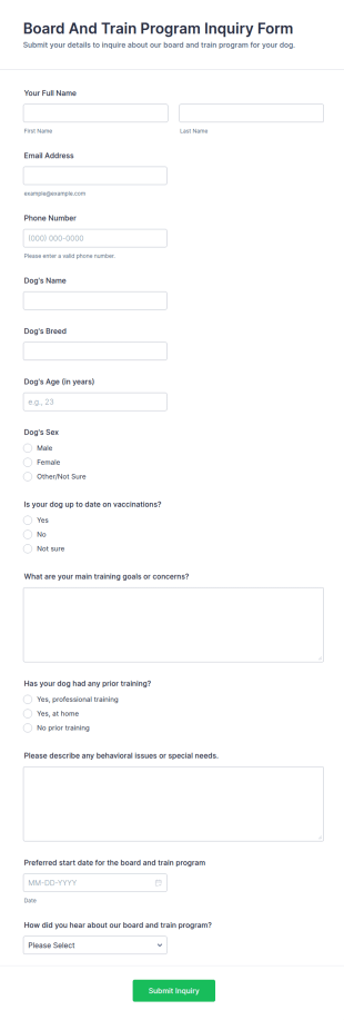 Board And Train Program Inquiry Form Template