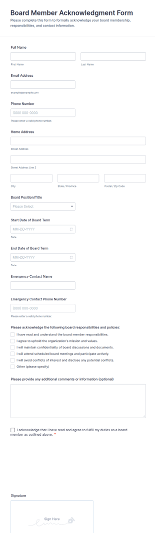 Board Member Acknowledgment Form Template