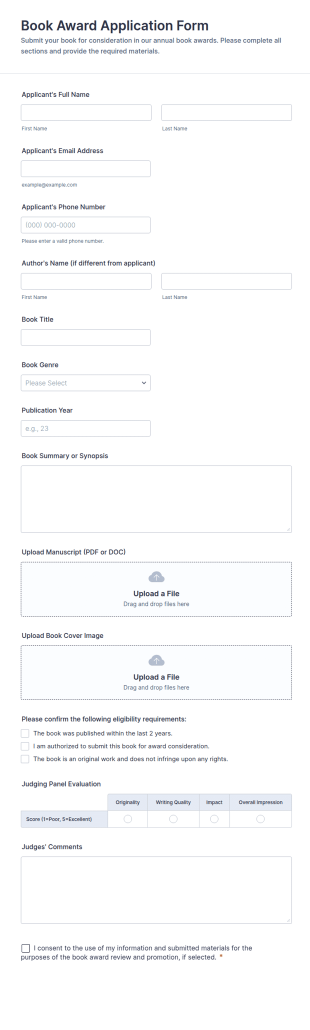 Book Award Application Form Template