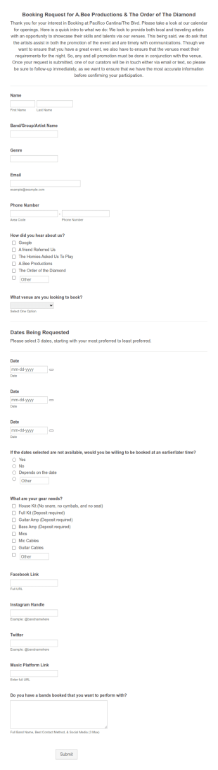 Booking Request For Bands Form Template