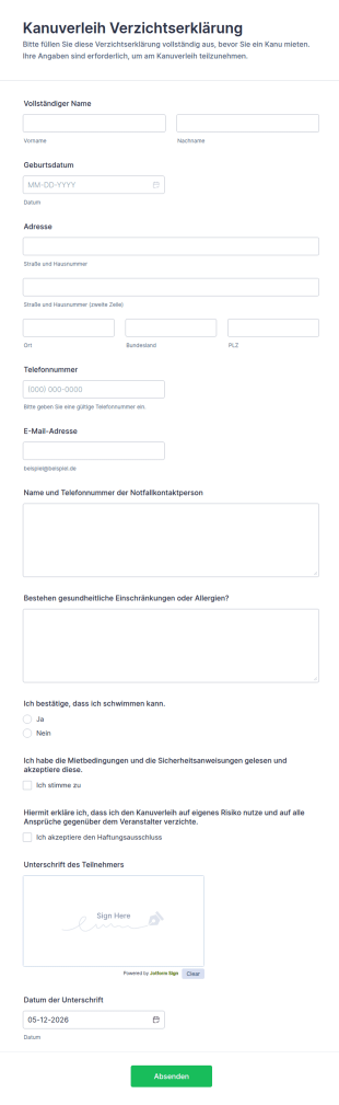 Bootsverleih Verzichtserklärung Formular