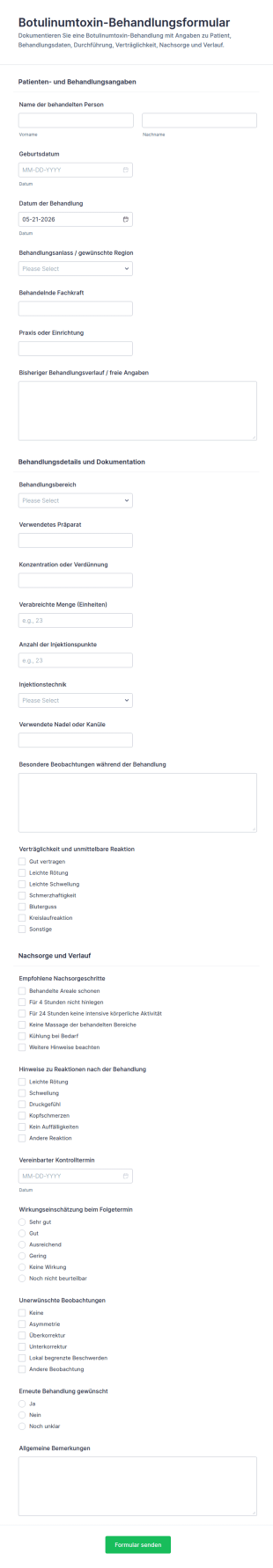 Botulinum Toxin Behandlungsaufzeichnungsformular