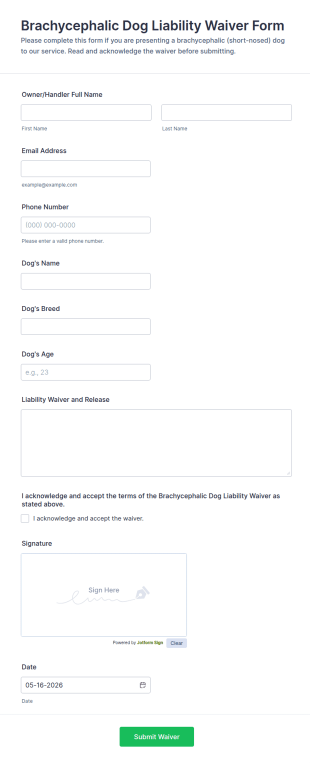 Brachycephalic Dog Liability Waiver Form Template